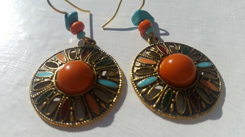 Native American earrings sun wheel Cleansed Turquoise aztec tribal summer orange - Picture 12 of 12
