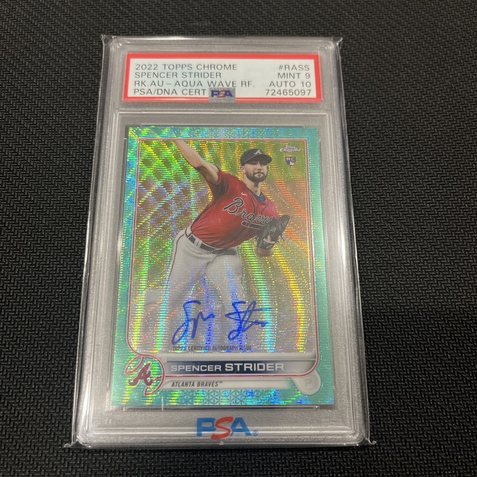 2022 Topps Chrome Spencer Strider Aqua Wave Auto /199 PSA 9 Auto 10