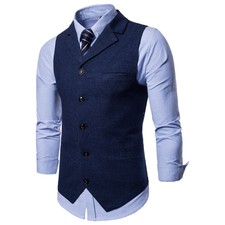 Men Tweed Waistcoat Vintage Herringbone Suit Vest Notch Lapel Slim Formal Blazer