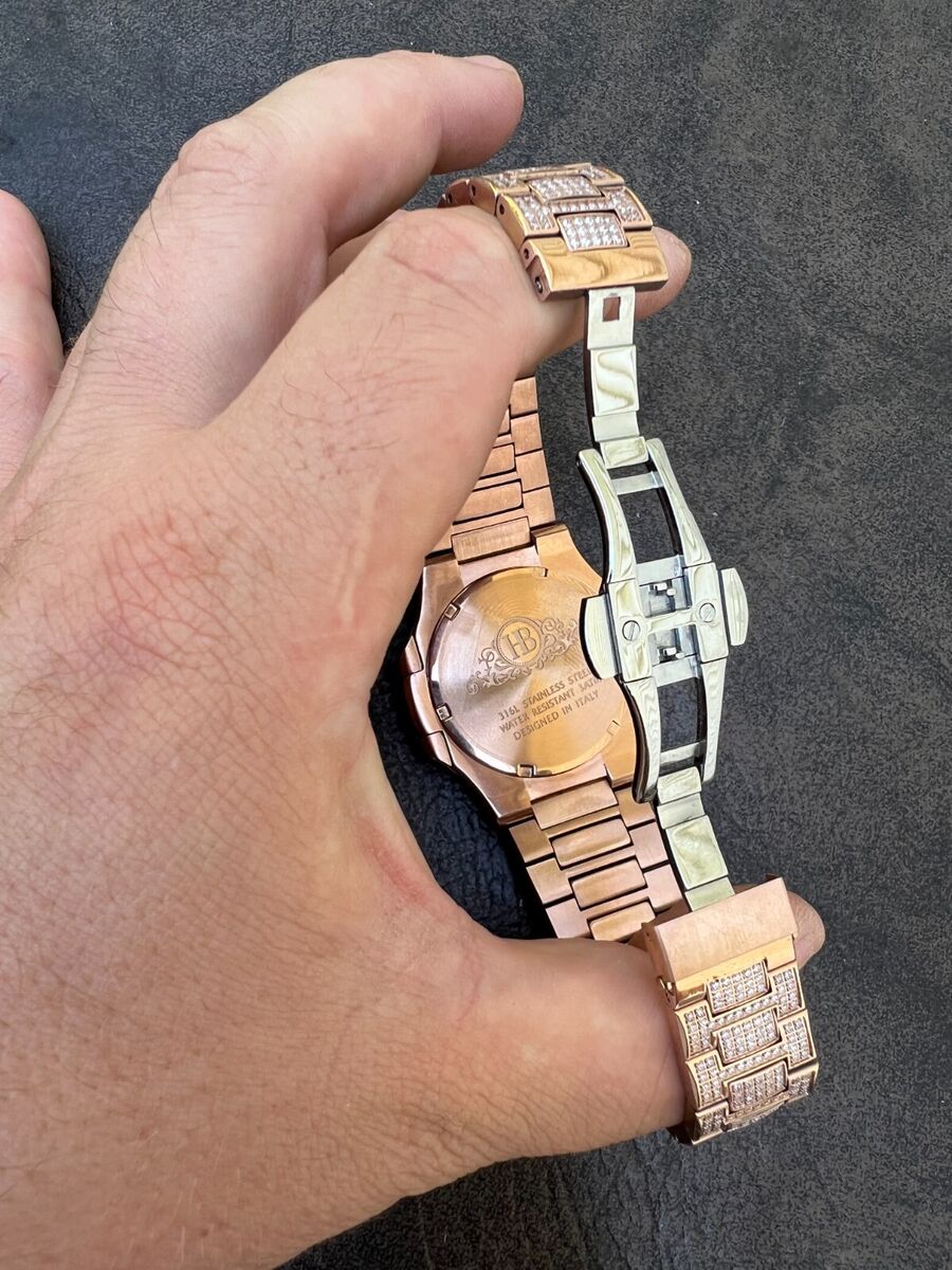Real Mens Watch Fully Iced Rose Gold Stainless Steel Bust Real Mens Watch Fully Iced Rose Gold Stainless Steel Bust