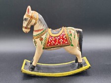 Hand Carved Wood Folk Art Rocking Horse Figurine Red Green Gold