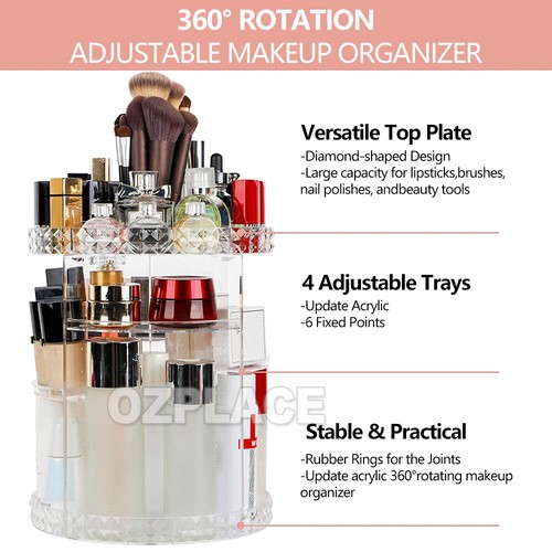 360° Rotating Makeup Organiser Storage Box Cosmetics Holder Display Stand Case - Picture 3 of 10