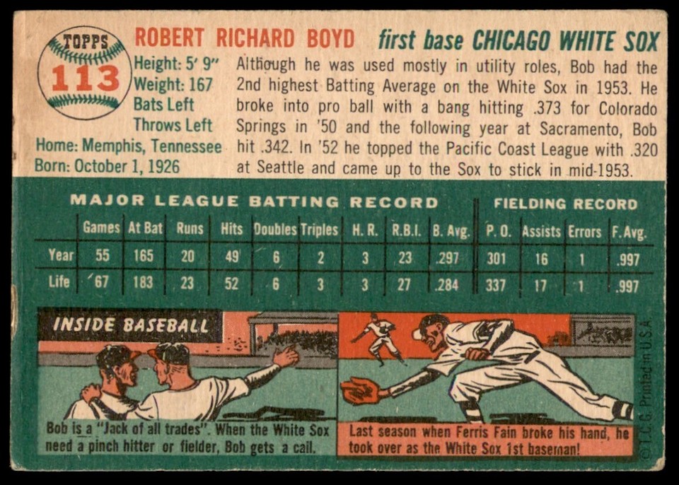1954 Topps Bob Boyd Chicago White Sox 113 VG+ (Line) eBay