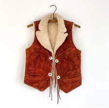 Brown Suede Leather Faux Fur Sleeveless Winter Vintage Distressed Vest Jacket