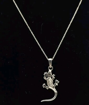 Massiver Sterlingsilber 3D Eidechse Gecko Anhänger Halskette an 17'' Gliederkette, Mexiko