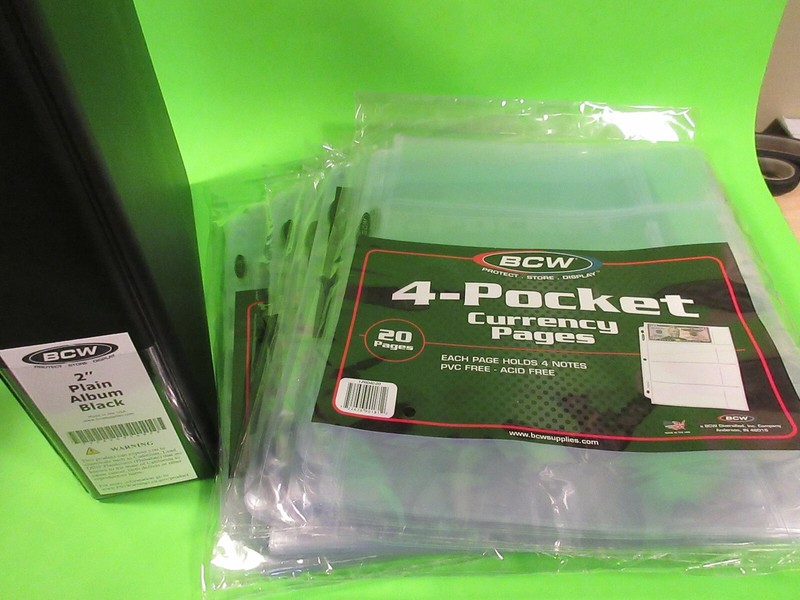100 4-POCKET CURRENCY PAGES W/ FREE ALBUM-HOLDS 4-2 5/8 x 6 1/8 BILLS, ACID FREE