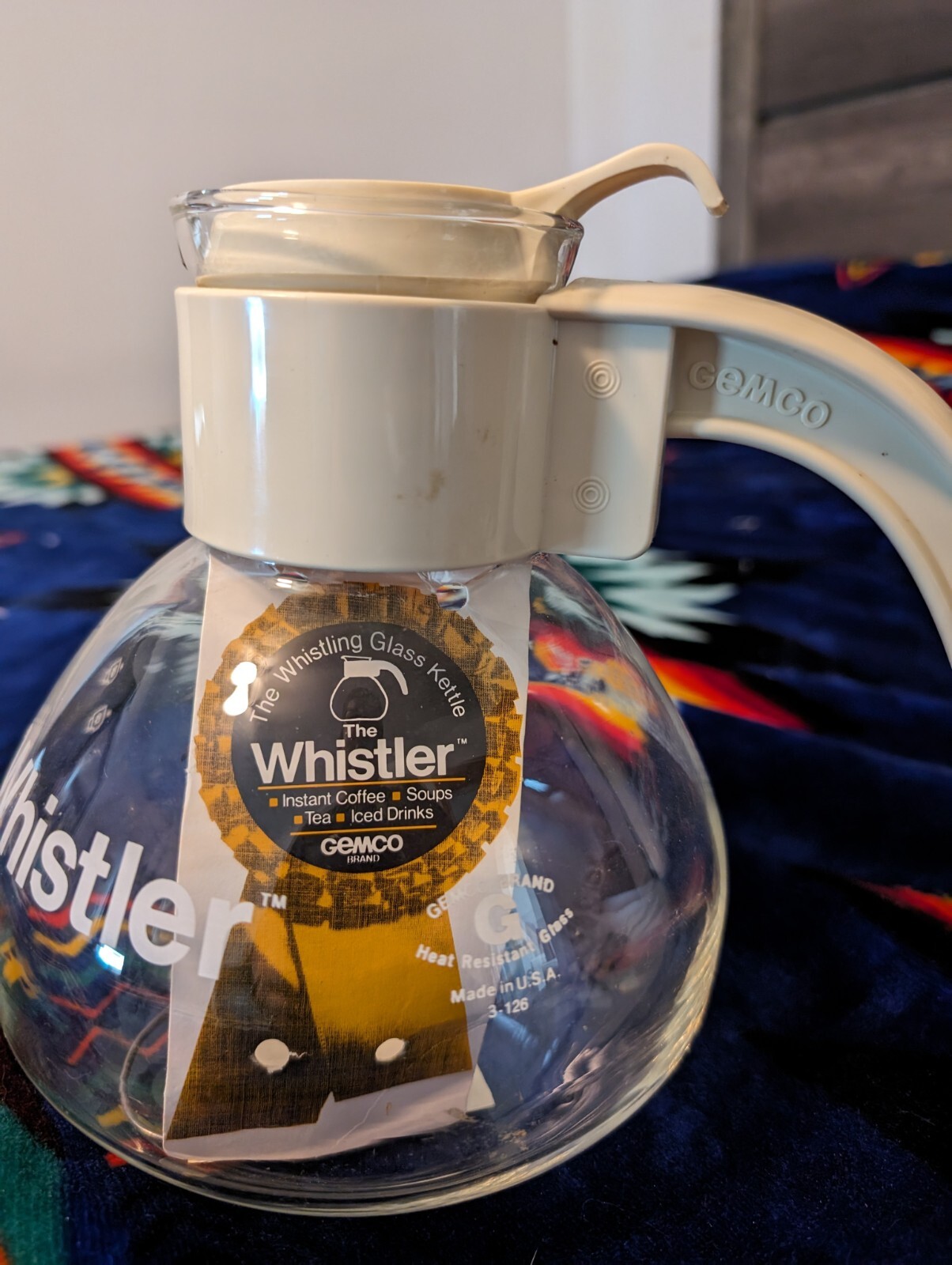 Vintage THE WHISTLER Coffee Pot GEMCO 8 Cup Glass Stove Top Tea Kettle