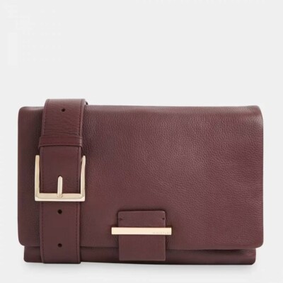 WHISTLES Alicia pebbled leather flap small clutch shoulder bag in Burgundy/Wine