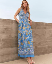 Ann Taylor Women's Floral V-Neck Flare Maxi Dress Maritime Blue Sleeveless 6
