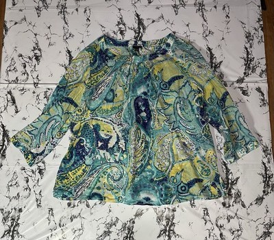 Talbot's Women's Paisley Print Top - Blue and Green Cotton Size 16W