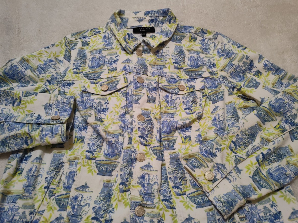 Talbots Jean Jacket Womens XP Petite Blue Green Floral Metal Button Denim Cotton