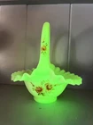 Fenton Hand Painted Custard Glass Basket - Roses - Uranium GLOWS!! - Signed