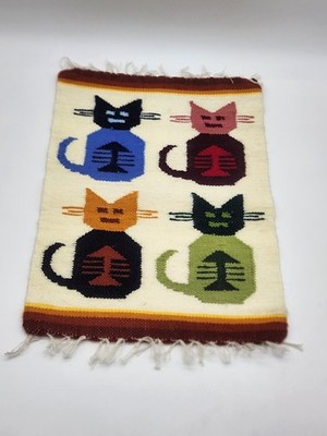 Peruvian Textile Wool Tapestry Rug Handwoven Cats Wall Hanging 10'' by 16''