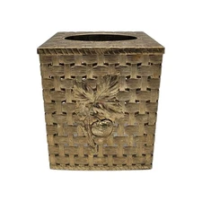 Tissue Box Cover Square Hollywood Regency Basket Weave Gold Metal Strawberry MCM