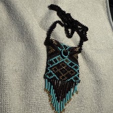 Vintage Native American Beaded Neck Pouch Turquoise Gold Brown Fringe
