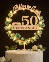 Tortendeko 50 Geburtstag Holz Eukalyptus Cake Topper Mit LED Lichterkette Deko