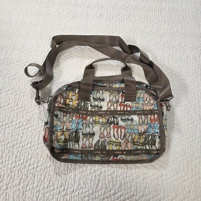 Mendoza Gal Multicolor Shoe Print Nylon Crossbody Messenger Bag Brown Trim