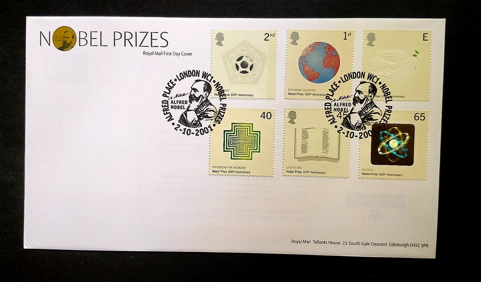 Great Britain UK "NOBEL PRIZES" 5 FDC with Unique Stamps & Special Postmark 2001 - Image 4 of 4