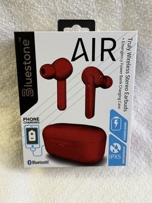 Bluetooth Stereo Earbuds. Power Bank Charging Case. Waterproof. Brand New. Red