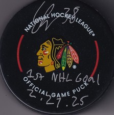 BECKETT ETHAN DEL MASTRO 1ST NHL GOAL 2-27-25 SIGNED BLACKHAWKS REAL GAME PUCK 7