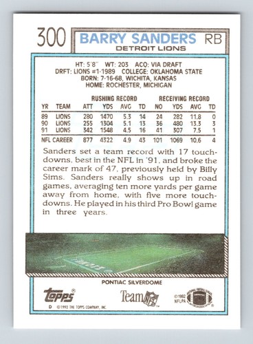 BARRY SANDERS 1992 TOPPS LIONS - Picture 2 of 2