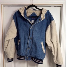 Vtg 90s Saugatuck Co Blue Denim Tan Canvas Hood Varsity Bomber Jacket Mens Med