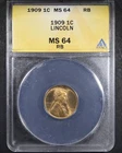 1909 Lincoln Wheat Cent - 1c ANACS MS64 RB - Red Brown - Bright Coin!