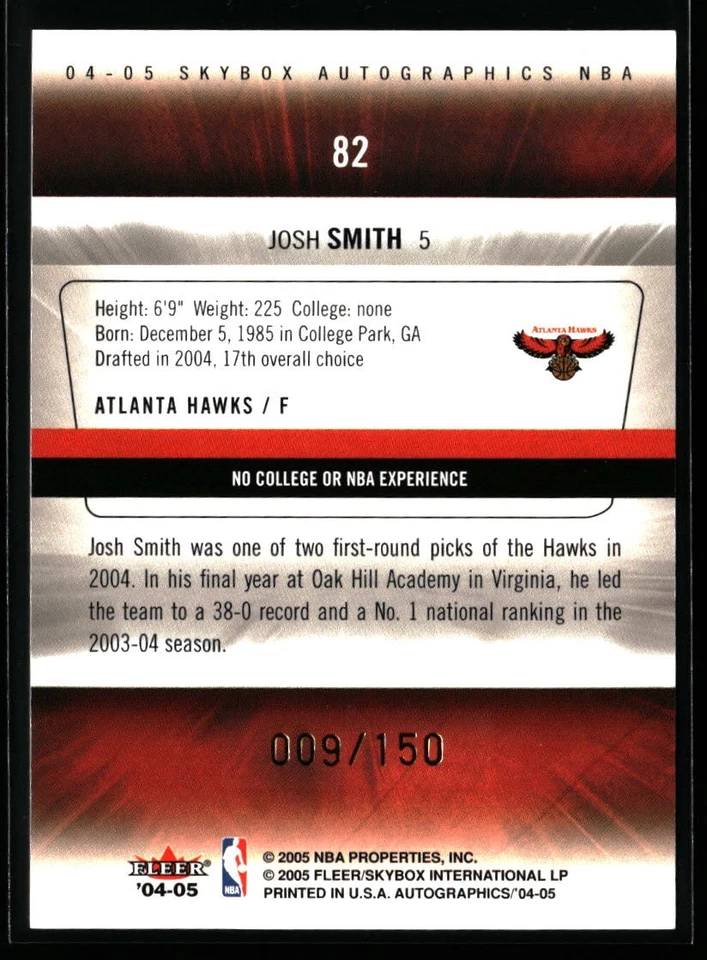Josh Smith 2004-05 SkyBox Autographics #82 Insignia #/150 Rookie Atlanta Hawks - Image 2 of 2