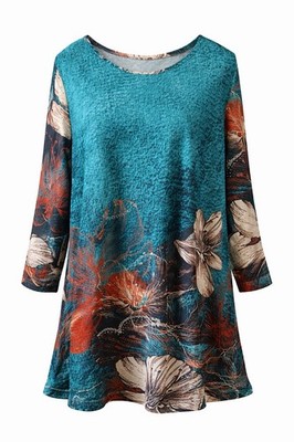 Simply Aster Women's Teal Floral Tunic Top 3/4 Sleeve Size M Boho Chic
