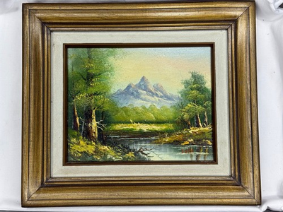 #ad Signed quot;JOHN#x27; Oil Painting Nicely Framed River Forest Mountain Landscape $48.00