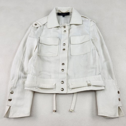 Archival Gucci Tom Ford 2000s Cropped Linen Silk Safari Denim Jacket 38