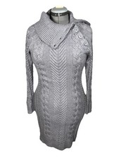 Womens Gray Sweater Knit Tunic Dress Sz M Long Sleeve Lay Open Turtle Neck