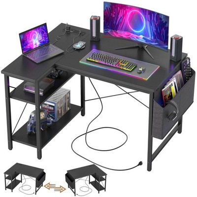 Gaming Desk with Power Outlets - 40 inch L Shaped Computer Desk, Reversible D...