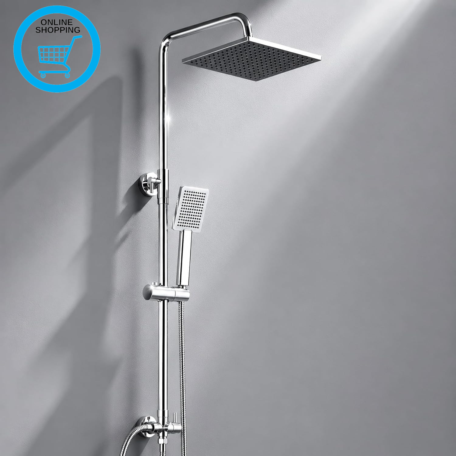 Adjustable Shower Riser Rail Kit with 10"" Square Rainfall Shower Head, Handheld
