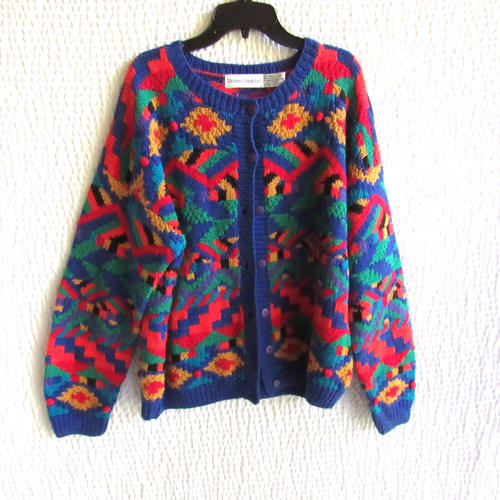 Colorful Cardigan Boyfriend Sweater M Robert Scott Designer Vintage Grandma