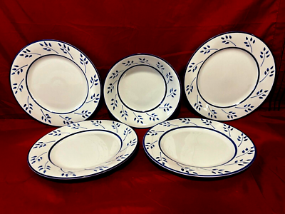 Dansk Set Of 4 White With Blue Leaves Dinner Plates & 1 Vegetable