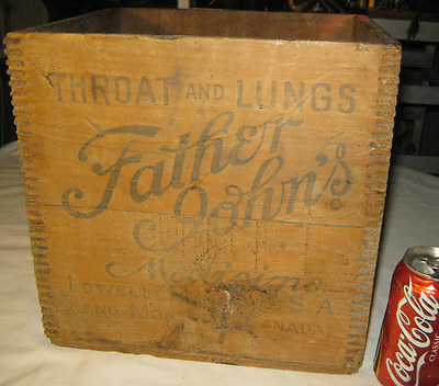 ANTIQUE FATHER JOHNS THROAT LUNGS MEDICINE WOOD ART BOX MONTREAL CANADA PRIMITIV