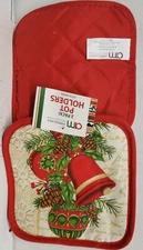 Set of 2 Printed Kitchen Pot Holders, CHRISTMAS RED BELLS & PINE CONES, red, AM