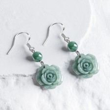 Green Myanmar Jadeite Rose Earrings Natural Burmese Jade 925 Silver
