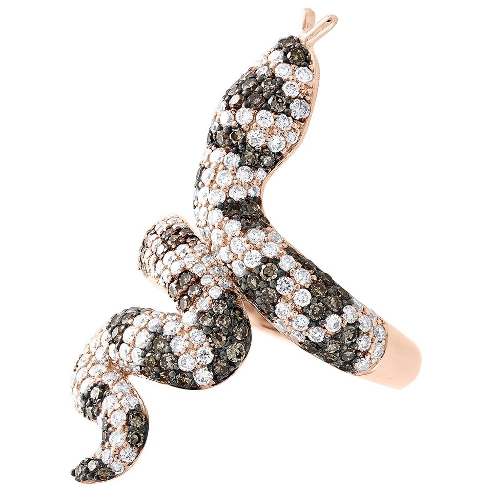 14K Rose Gold White & Brown Round Diamond Snake Right Hand Ring Band 1.87 CT. - Image 3 of 4