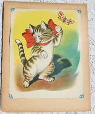 Vintage 1940 s Nursery Wall Art Kitten and Butterfly