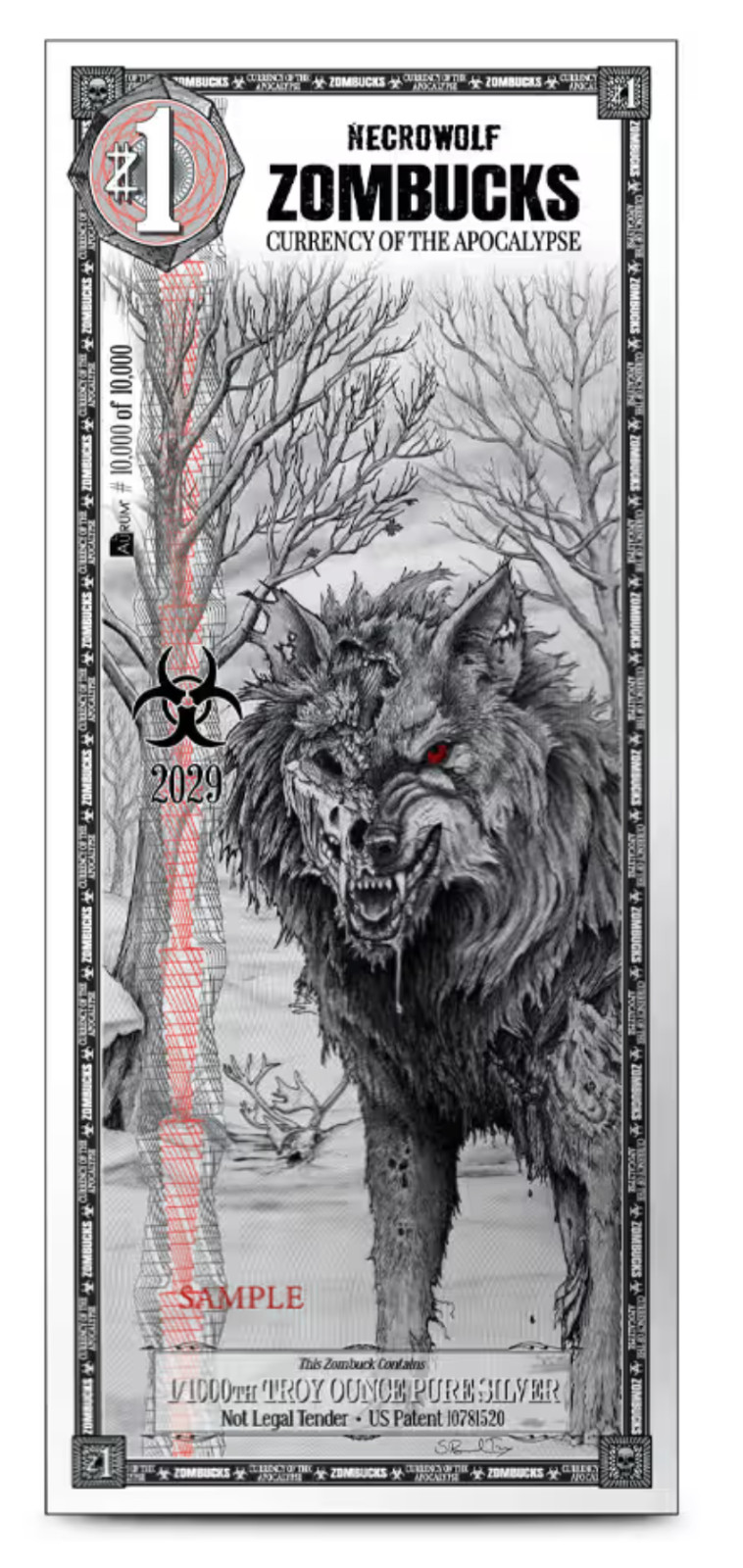 ZOMBUCKS NECROWOLF - Silverback 1/1000 OZ .999 Silver Note Limited Edition INSTO