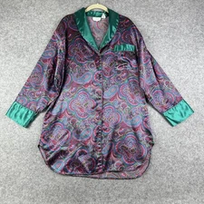 VTG Go Softly Satin Sleep Shirt Womens Medium Purple Green Floral Paisley Button