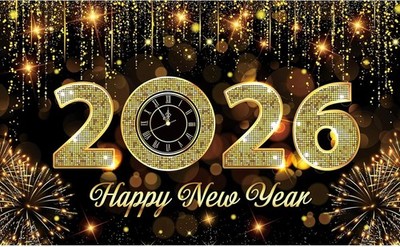 Happy New Year 2026 Banner Backdrop, Golden New Year Eve Large Banner Party Deco