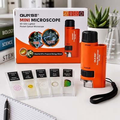 QUNSE Mini Microscope 60X-120X Lighted Pocket Optical Microscope STEM Kit