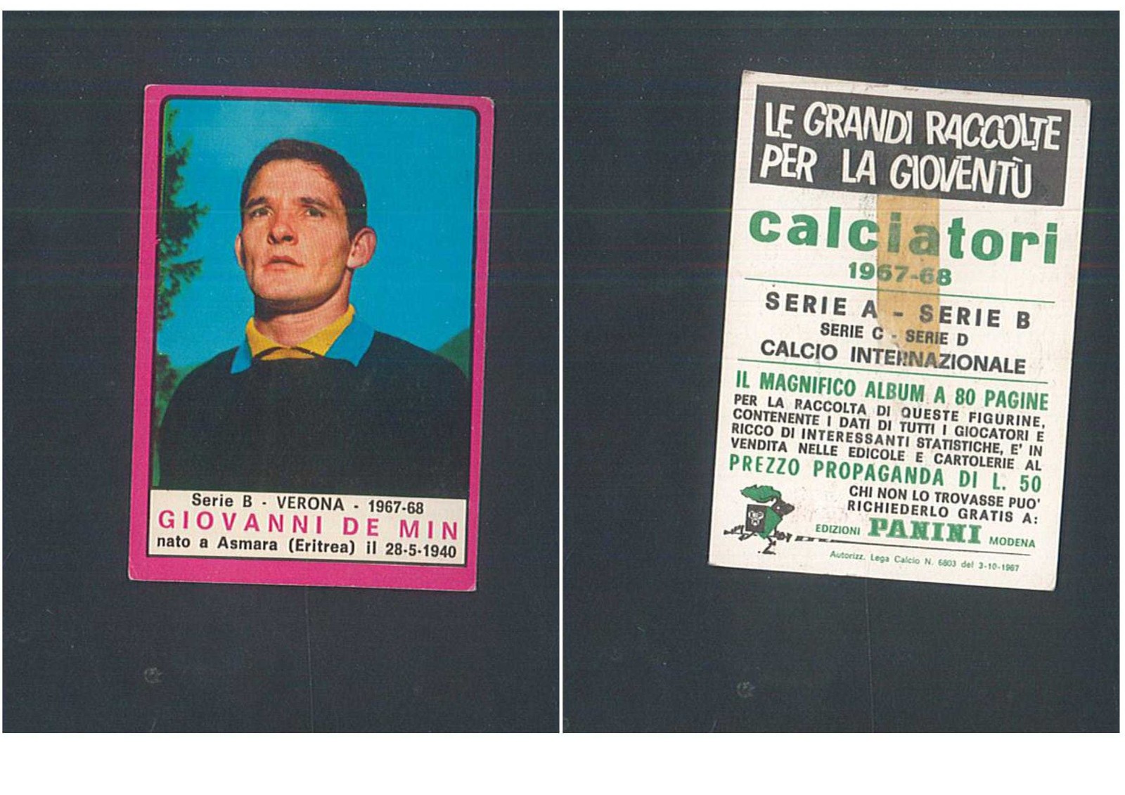 Figurina Calciatori Panini 1967-68 De Min (Verona) Ottima Rec. ▓
