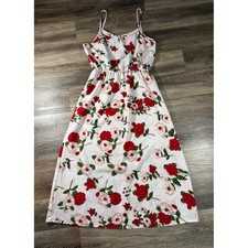 Romantic Boho Maxi Dress Cherry Red White Floral Spaghetti Strap Womens XL Shein