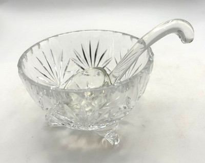 Vintage Cut Crystal Footed Bowl With Glass Ladle Serving Condiment Sugar Bowl