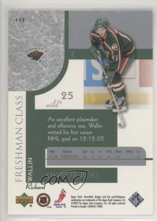 2002-03 Upper Deck Honor Roll Freshman Class /1499 Rickard Wallin #143 Rookie RC - Image 2 of 2