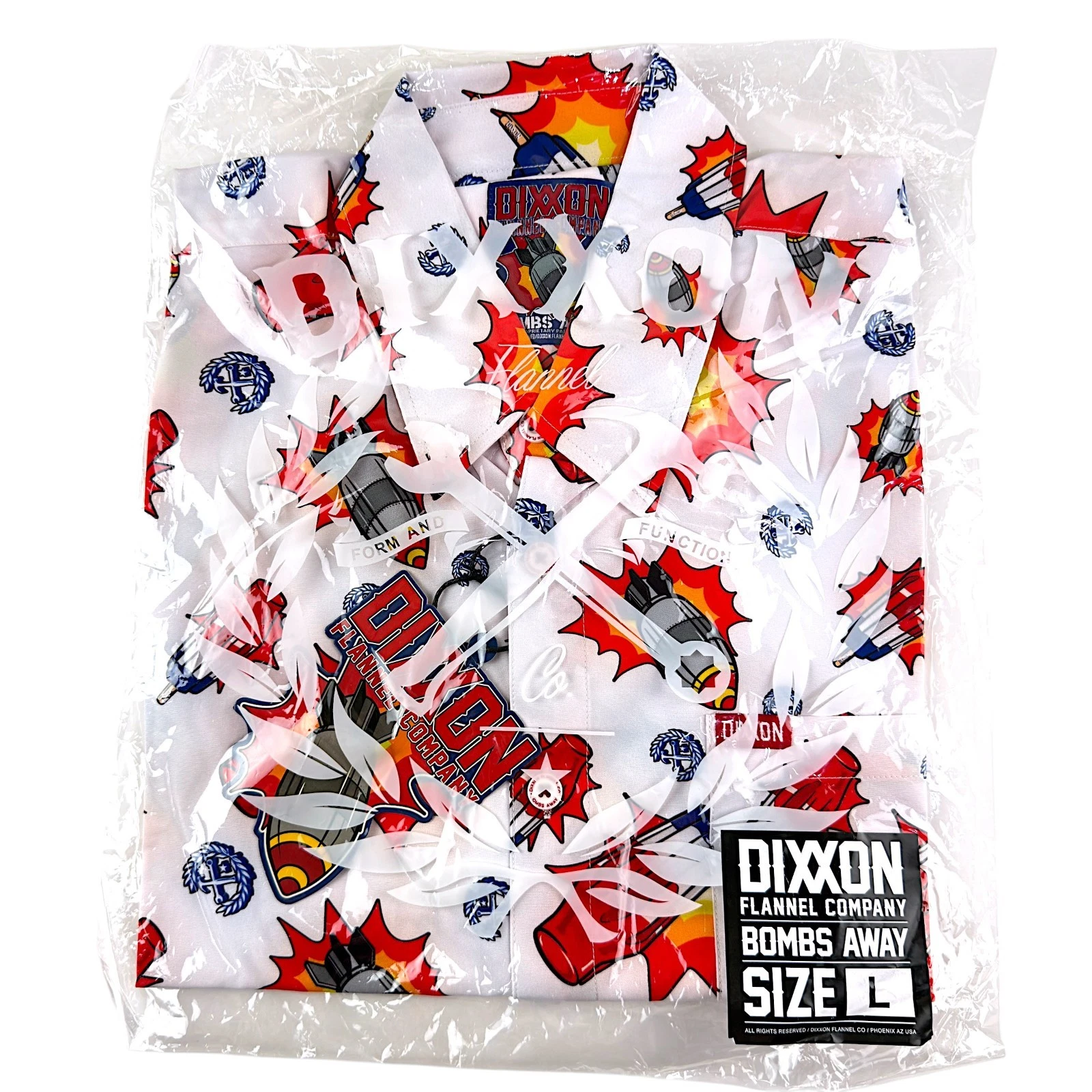 Dixxon Flannel "Bombs Away" Men's LARGE White Red Short Sleeve Party Shirt